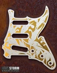Engraved Layered Pickguard & Free Tremolo Cover In Gold Mirror White Acrylic. Fixed Price $180.00.