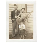 Vintage Snapshot Photo Woman Musician Archtop Guitar Family Bible Country 1930s. Fixed Price $40.00.